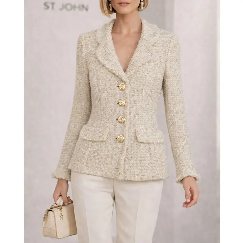 St. John Tweed Fringe Knit Rose Button Front Shoulder Pad Tailored Blazer Jacket - Picture 1 of 9